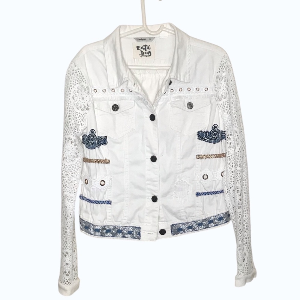 Desigual White Lace-Detail Embroidered Denim Jacket with Blue Accents